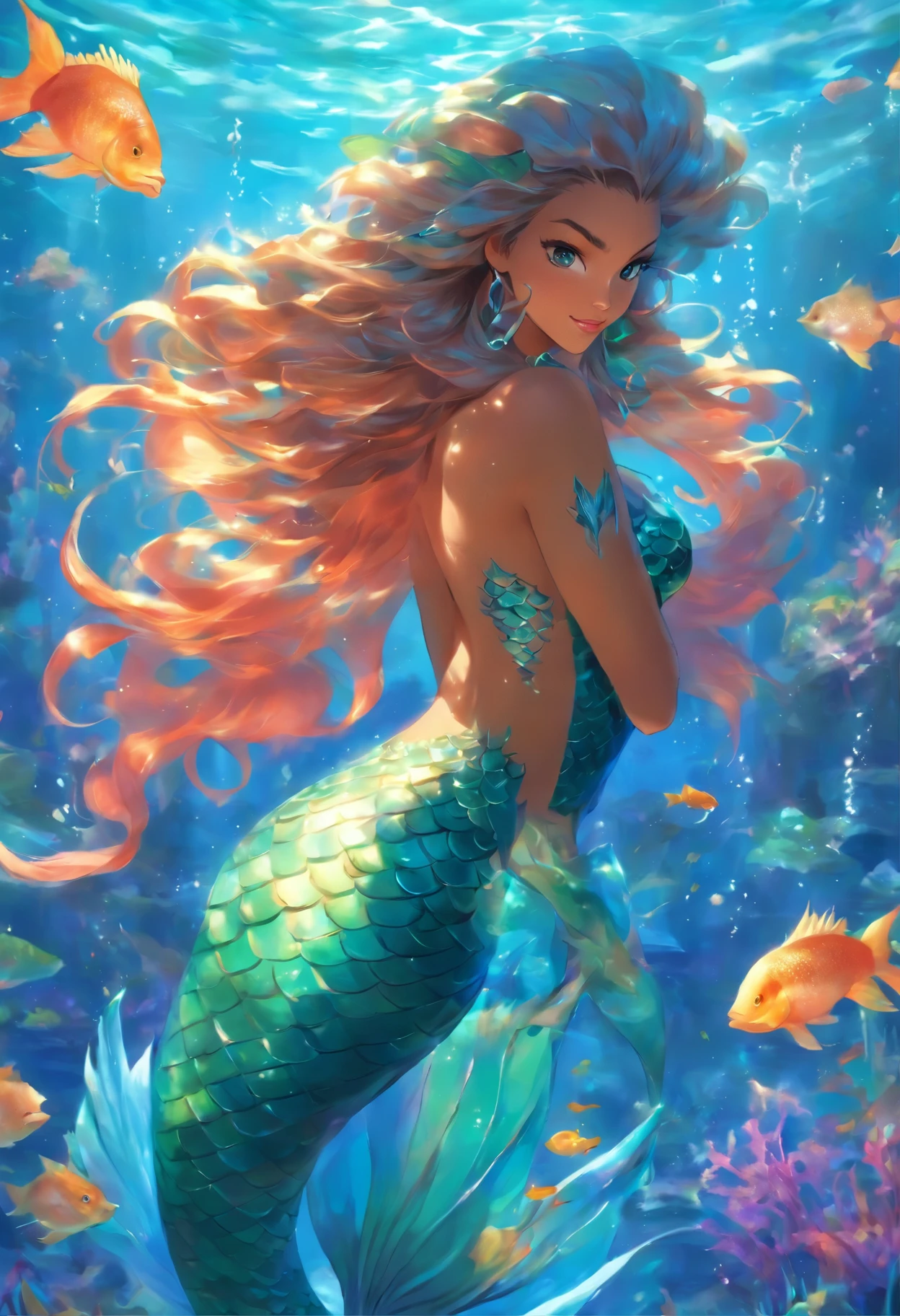 a picture of a mermaid with a spear and a fish, merfolk riding seahorses, beautiful mermaid, mermaids and fish, goddess of the sea, goddess of the ocean, sea queen, ursula the sea witch, mythical creature, aquatic creature, portrait of mermaid warrior, mermaid cyborg with a laser whip, mermaid, queen of the sea mu yanling, by Howard Lyon