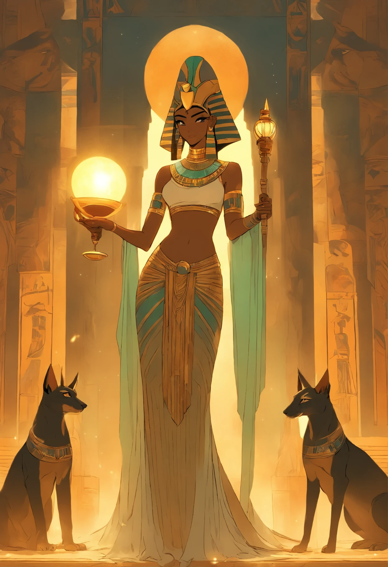 a woman in a long dress holding a scale and a lamp, egyptian art by Max Buri, trending on cgsociety, art nouveau, jen bartel, very coherent stylized artwork, bastet, art deco shaman, the god anubis, art contest winner on behance, (by tom purvis), art deco illustration, egyptian god