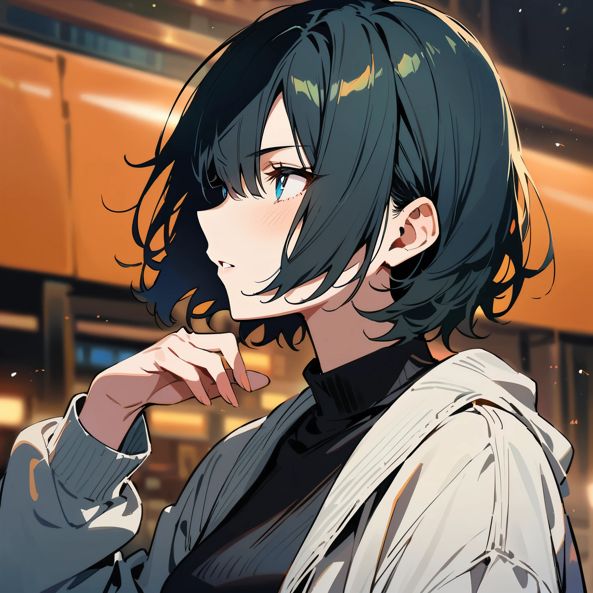 Short black hair, male, back side,1 man, typing on laptop, a glass of black coffe, casual suite, detailed image, ((best quality image)), pastel color, dominate with green and purple color.