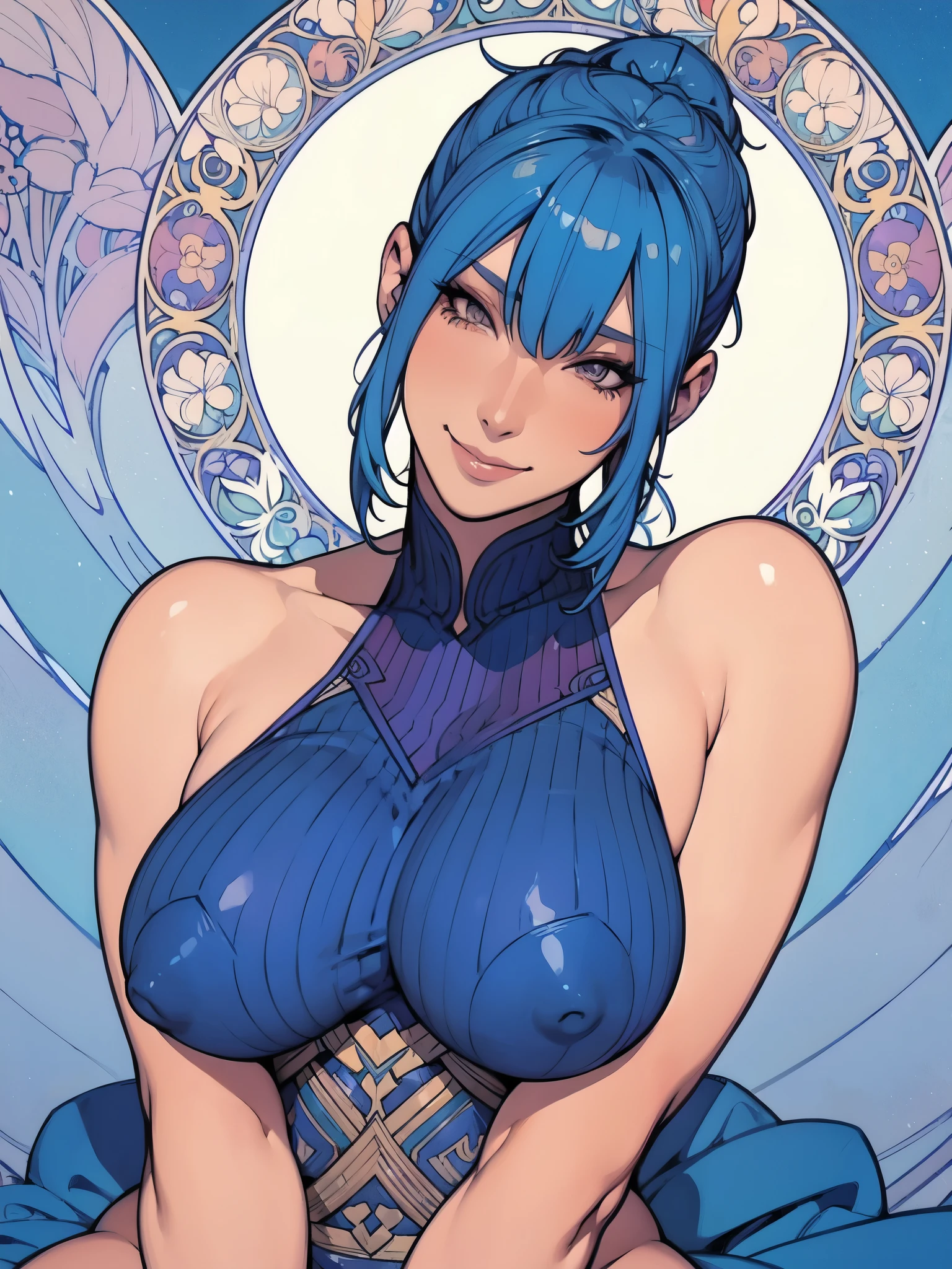 ((Mucha's style)),(vulgar),Big-breasted  Woman Warrior,head shot,vulgar smile,blue haired,muscular woman,Mercenary,Sexual nipple covers