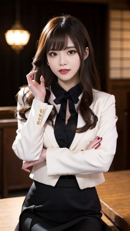 Detailed、Japanese、Attractive beauty、Attractive adult woman、Beautiful woman、Sharp Eye、Cool girl、Wavy Hair、Swept-apart bangs、suit、Jacket、blouse、ribbon、Tight Skirt、pantyhose、Shining beautiful legs、邪evilな幹部、Fallen into evil、brainwashing、Mind control、lipstick、Lip gloss、Heavy makeup、Grin、evilな表情、evil、Hollow Eyes,Half-closed eyes、Hollow Eyes、evil、Night Room、Church at night、vampire、Succubus、vampire、Swear allegiance、Are standing