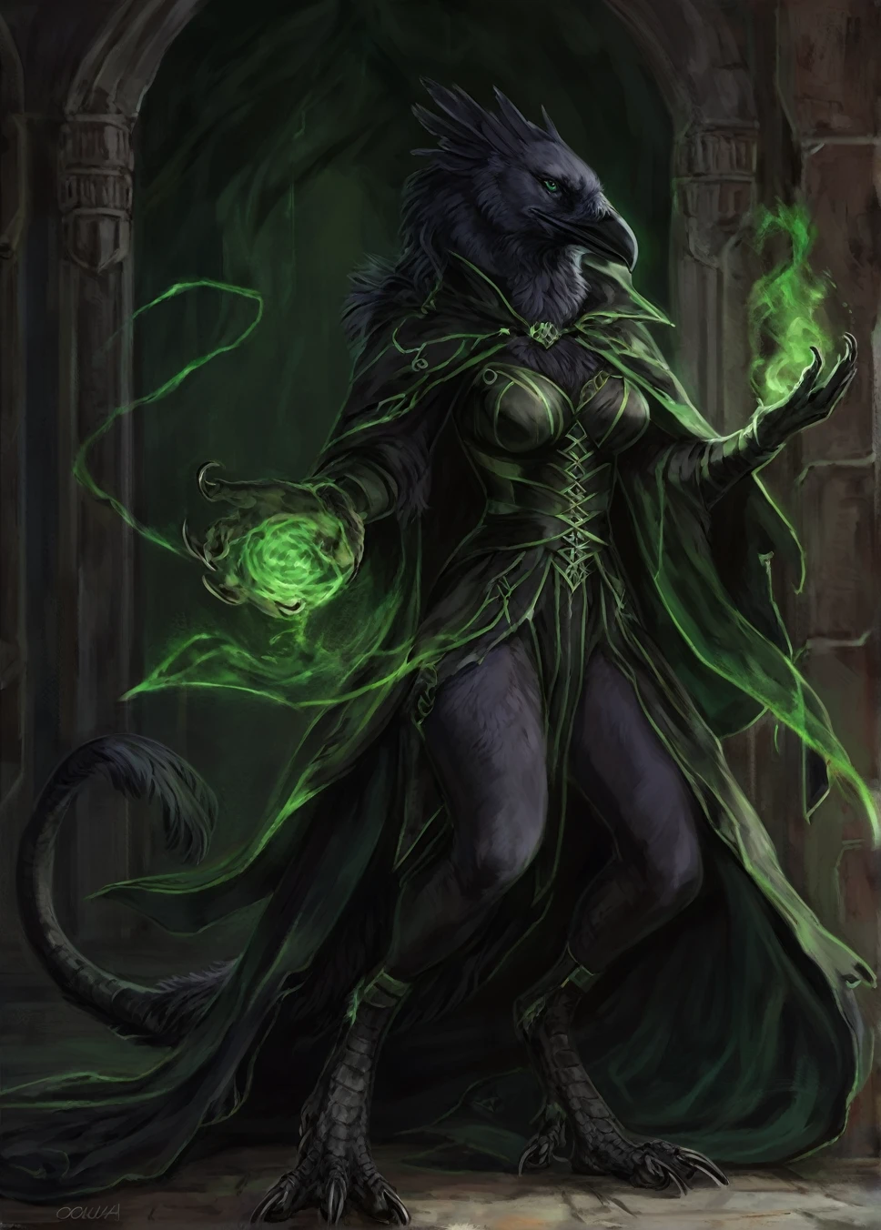 Black Raven, comic book style, illustration, solo, ferocious, female, [[badass pose]], revealing robes, masterpiece, best art, full body, by oouna, detailed eyes, detailed body, claws, detailed tail, feminine body shape, fantasy, tall, pregnant, warlock, casting green magic, dungeon, miasma, talons, darkness