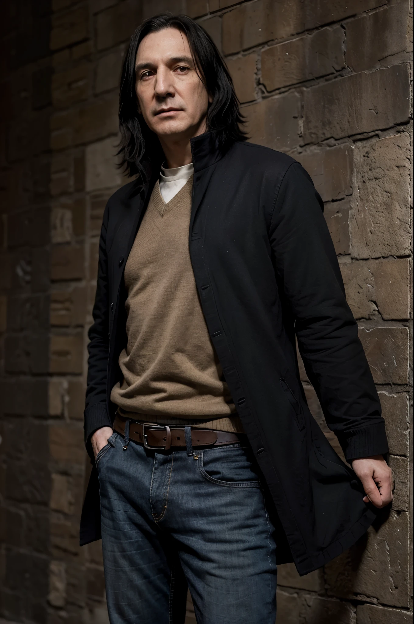 Severus Snape con el pelo muy largo, piel palida, labiod rojos, un par de jeans  un sueter beige y un jacket negro de botones,  en su mano izquierda tiene pulseras y esta en Hogwarts admirabdo el colegio 