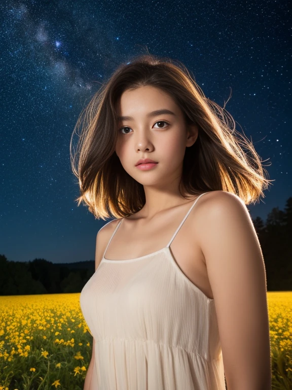 8k、Beautiful  girl, Hair length, Starry sky background、Beautiful face in every detail、White see-through camisole dress, Flower Field、night、Very strong winds