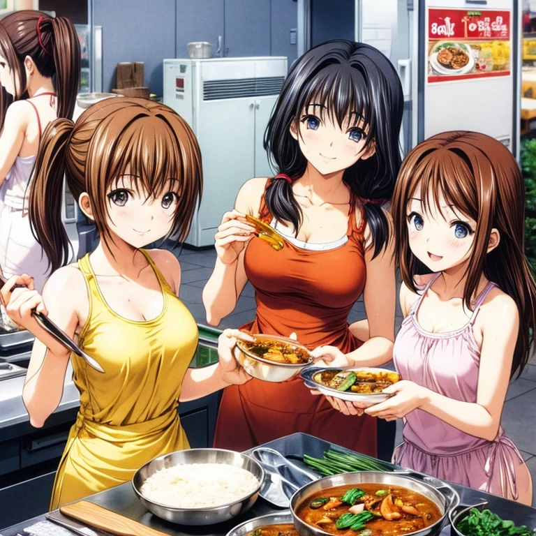 Woman in shorts making massaman curry at a Thai food stall Female friends sitting at the counter Thai They also cook Tom Yum Pho. No bra Thai miniskirt waitress Tight clothing Thai women