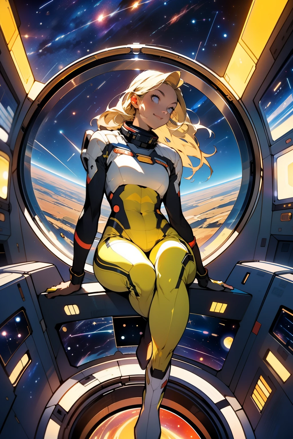 (masterpiece, best quality:1.2), (cowboy shot:1.1), solo, 1girl, mori yuki, slight smile, closed mouth, side view, looking at viewer, blonde hair, long hair, thigh gap, yellow bodysuit, skin-tight, perfect body, large window, (starship porthole:1.3), (spread legs:1.3), (standing:1.1), thigh gap, sensual pose, sideview, perfect hands, bright starship interior, (outer space view:1.1), (orbital view:1.3), (night, stary sky:1.5), milky way