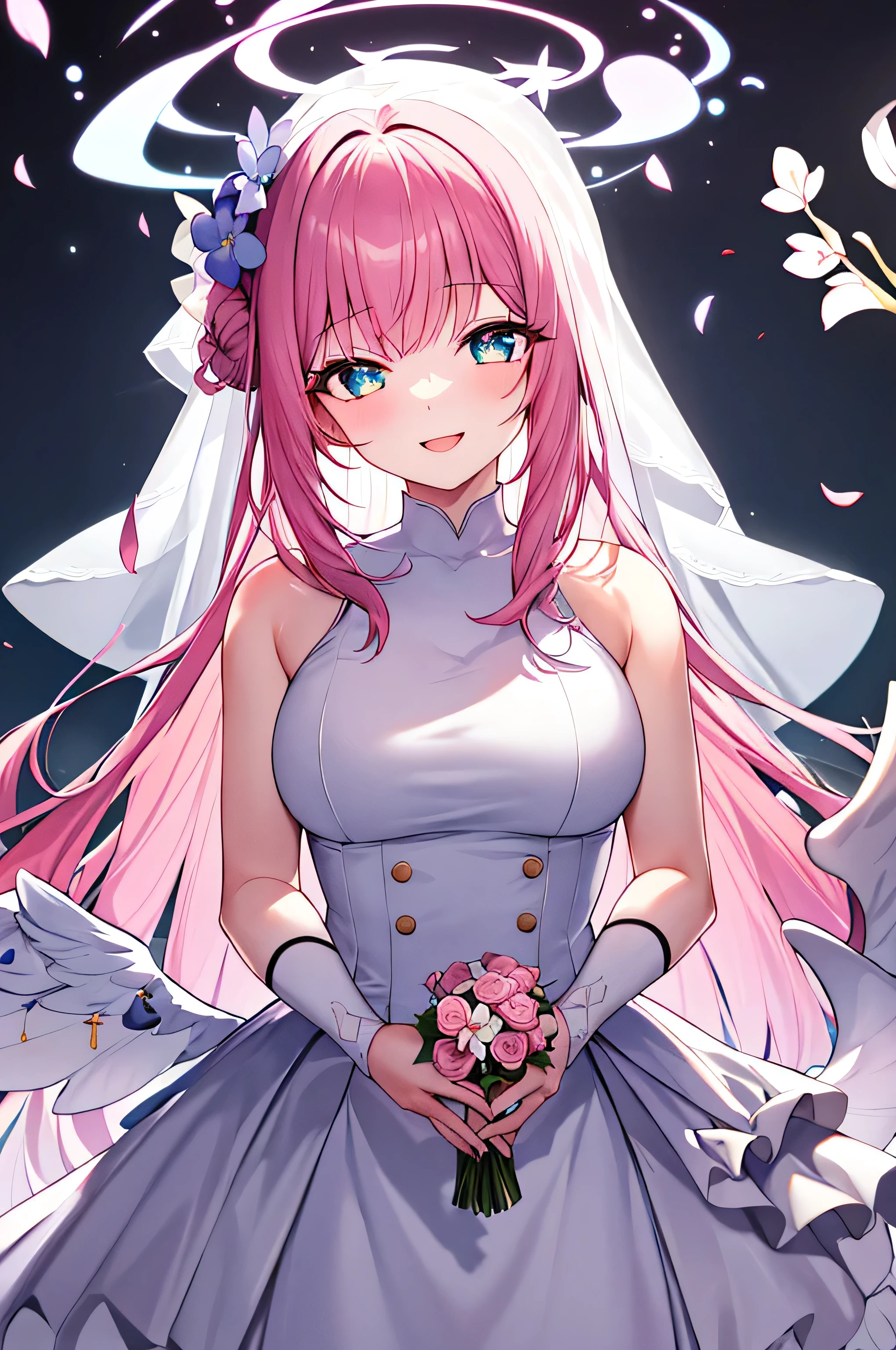 masterpiece, best quality, high resolution, unified 8k wallpaper, Pink Hair, 1 girl, Headband, Long hair, wedding dress, mini skirt, wedding_veil, , bouquet,  Sea of Flowers, Cowboy shooting, Looking at the audience, grassland，fluttering petals，Smile，Medium bust，(Beautiful and delicate eyes:1.6), Extremely detailed face, Perfect lighting, Extremely detailed CG, (Perfect hands, Perfect anatomical structure), 
