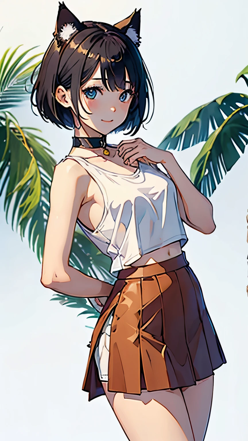 (highest quality, masterpiece, High resolution)、4K Anime Art、(1 beautiful Japan woman、20-year-old)、(cowboy_shot、Natural standing posture、)、 (Detailed depiction of a beautiful face)、Smiling Kindly、Small breasts、Slim figure、(Cat ear)、Medium Short Hair、Bobcut、(Tropical wrap skirt and tiny top)、Palm tree、Blur the background、(Blank background)、((White Background))、