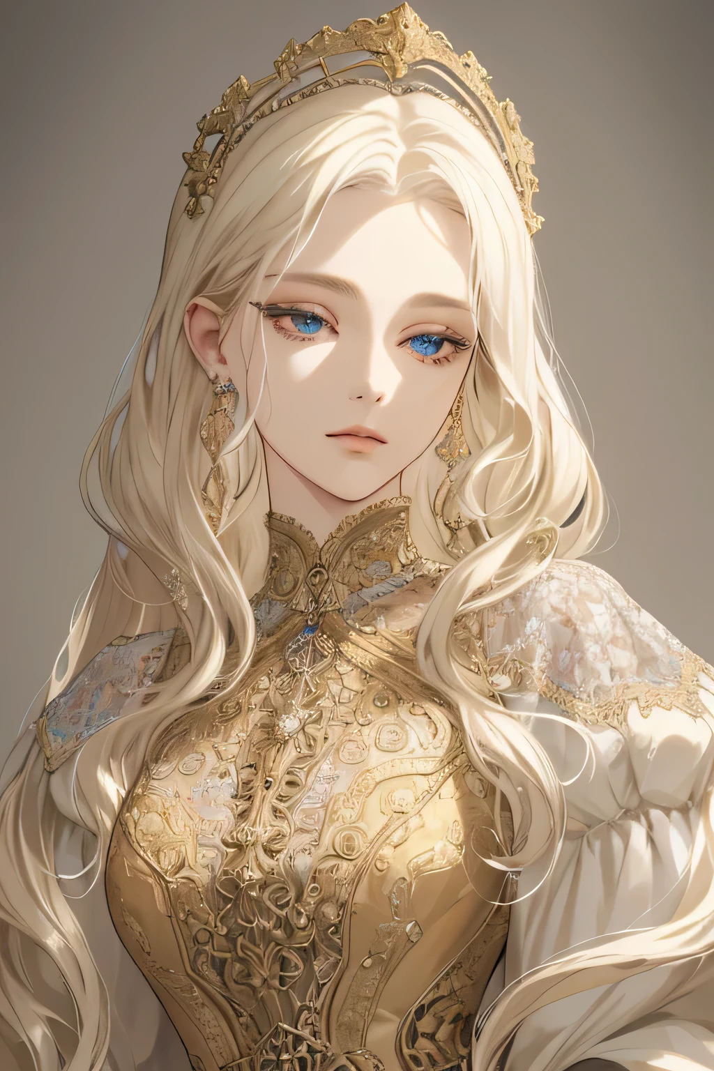 (extreamly delicate and beautiful:1.2), 8K,(masterpiece:1.0),(best_quality:1.0), 1 girl, and intricate detailing, Enlarged textures, and intricate detailing, finely eye and detailed face, and intricate detailing, shiraga, platinum blonde curls long hair, (closed mouths), Perfect eyes, Equal eyes, carolina eyes (A famale god) with golden dress Yunani romawi