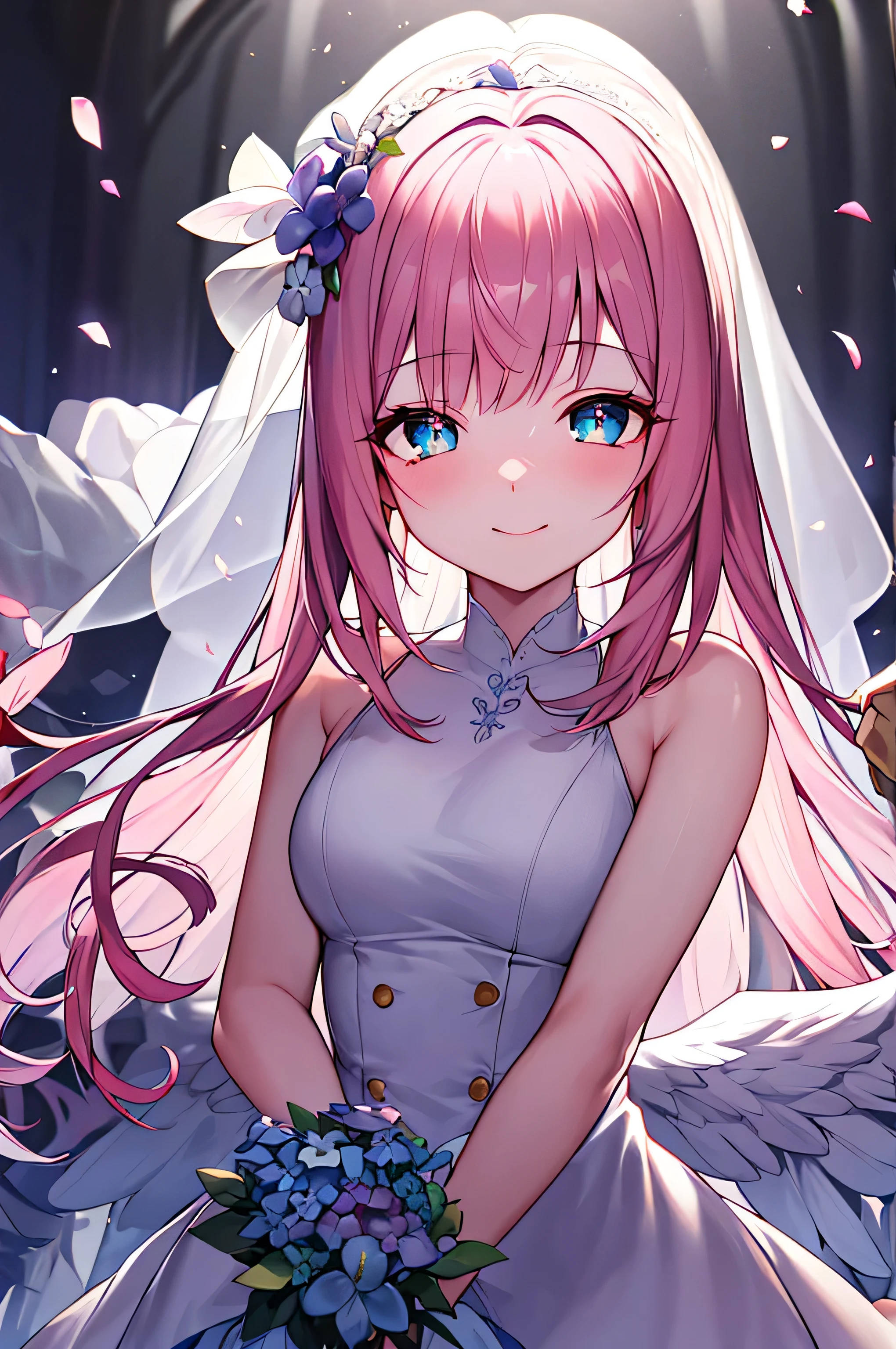 masterpiece, best quality, high resolution, unified 8k wallpaper, Pink Hair, 1 girl, Headband, Long hair, wedding dress, mini skirt, wedding_veil, , bouquet, Sea of Flowers, Cowboy shooting, Looking at the audience, grassland,fluttering petals,Smile,Medium bust,(Beautiful and delicate eyes:1.6), Extremely detailed face, Perfect lighting, Extremely detailed CG, (Perfect hands, Perfect anatomical structure),