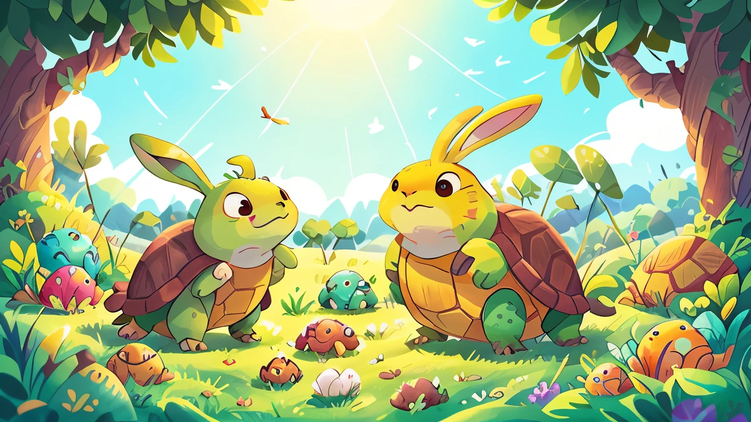 Within the sun-drenched meadows, the Hopperturtles roam with gentle determination. Combining the traits of agile rabbits and sturdy turtles, they boast round, shell-covered bodies adorned with soft fur and long, ((rabbit-like ears)). Their sturdy legs propel them with surprising speed across the grassy plains, while their shell provides protection from predators. With a playful hop and a wise gaze from their large, expressive eyes, they embody the harmonious balance of swiftness and resilience.