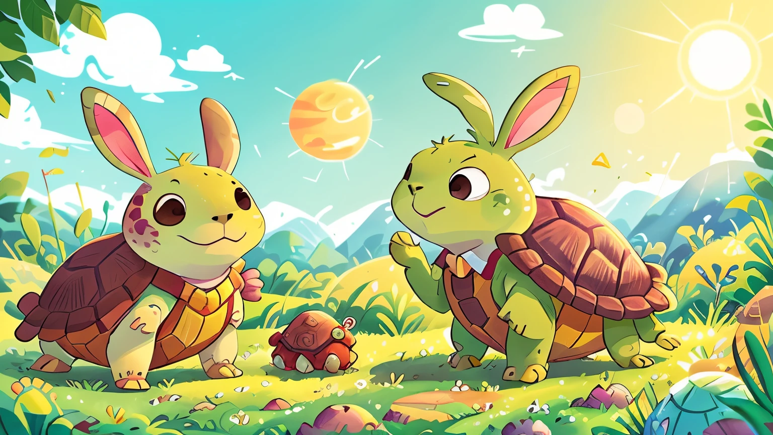 Within the sun-drenched meadows, the Hopperturtles roam with gentle determination. Combining the traits of agile rabbits and sturdy turtles, they boast round, shell-covered bodies adorned with soft fur and long, ((rabbit-like ears)). Their sturdy legs propel them with surprising speed across the grassy plains, while their shell provides protection from predators. With a playful hop and a wise gaze from their large, expressive eyes, they embody the harmonious balance of swiftness and resilience.