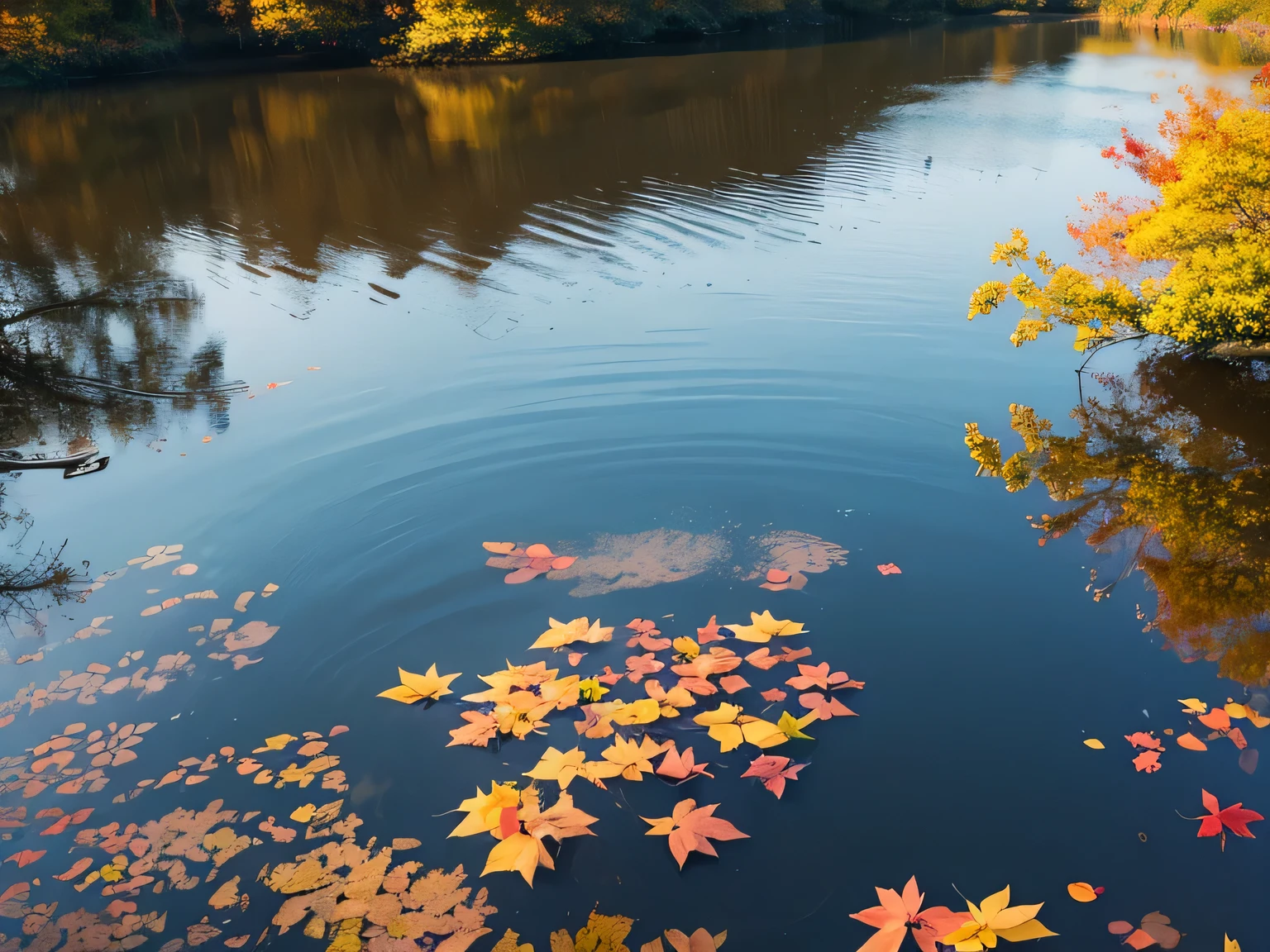 Fallen leaves float on the water,float,calm waters,autumn,best quality,masterpiece,(Soft colors:1.2)