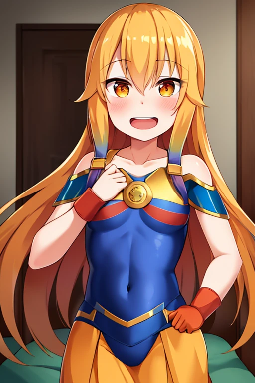 ((highest quality)), ((masterpiece)), (be familiar with), Perfect Face, indoor, Bedroom, Watching the audience,
One woman, Thor,
Open Mouth, Ecstatic expression, blush, smile,
Small breasts, Flat Chest, Young Girl, , , Girl,
Long Hair, Golden Hair, Orange eyes, Long Hair,
Leg spread,