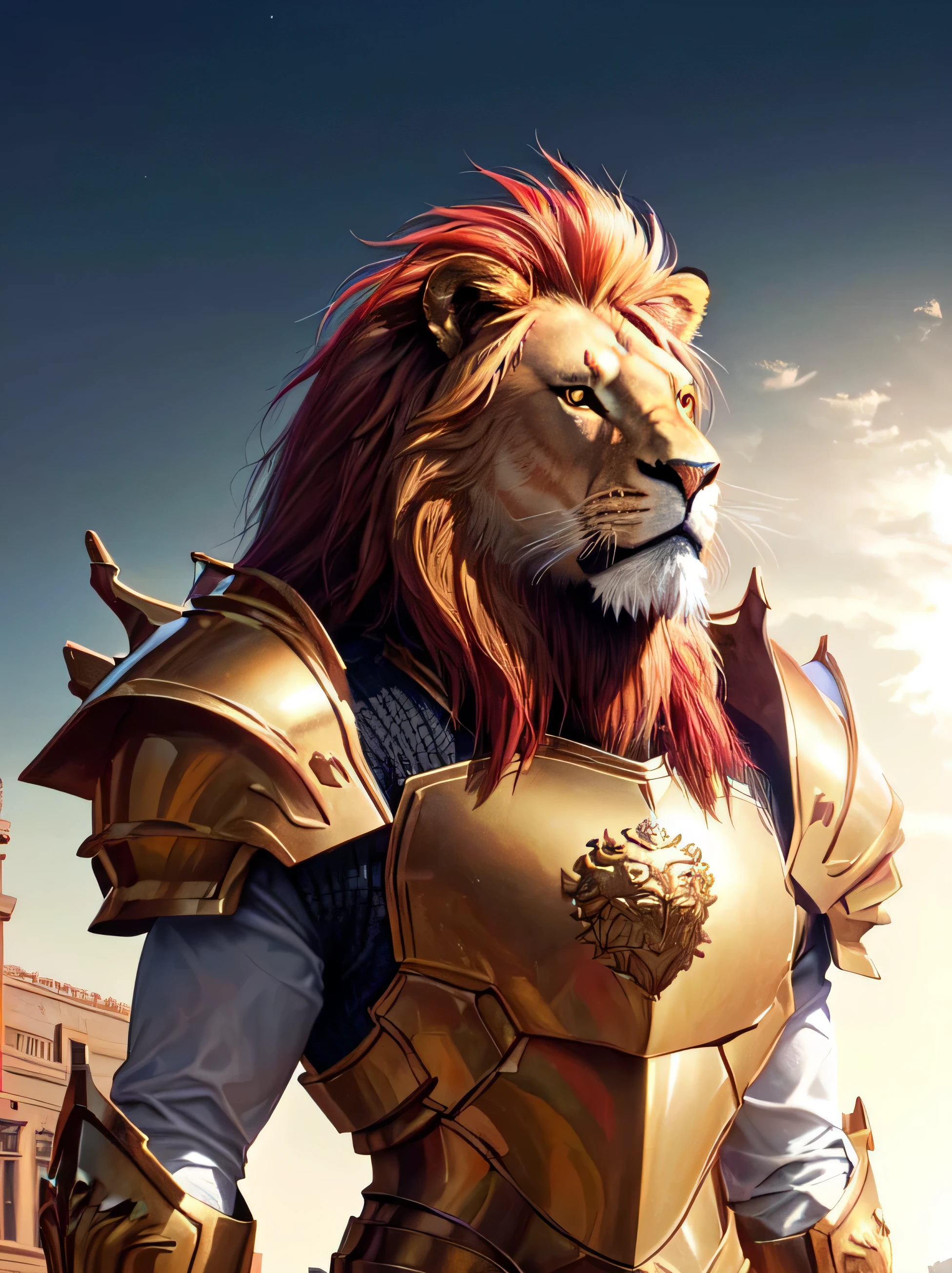 a close up of a lion in armor standing in front of a building, red lion warrior, aslan the red lion, gilgamesh, 2 d full body red lion, half red lion, fire red lion, lion red body, lord of beasts, 3d render trending on artstation, red lion, wearing golden lion armor, hyperdetailed fantasy character, king of the jungle
