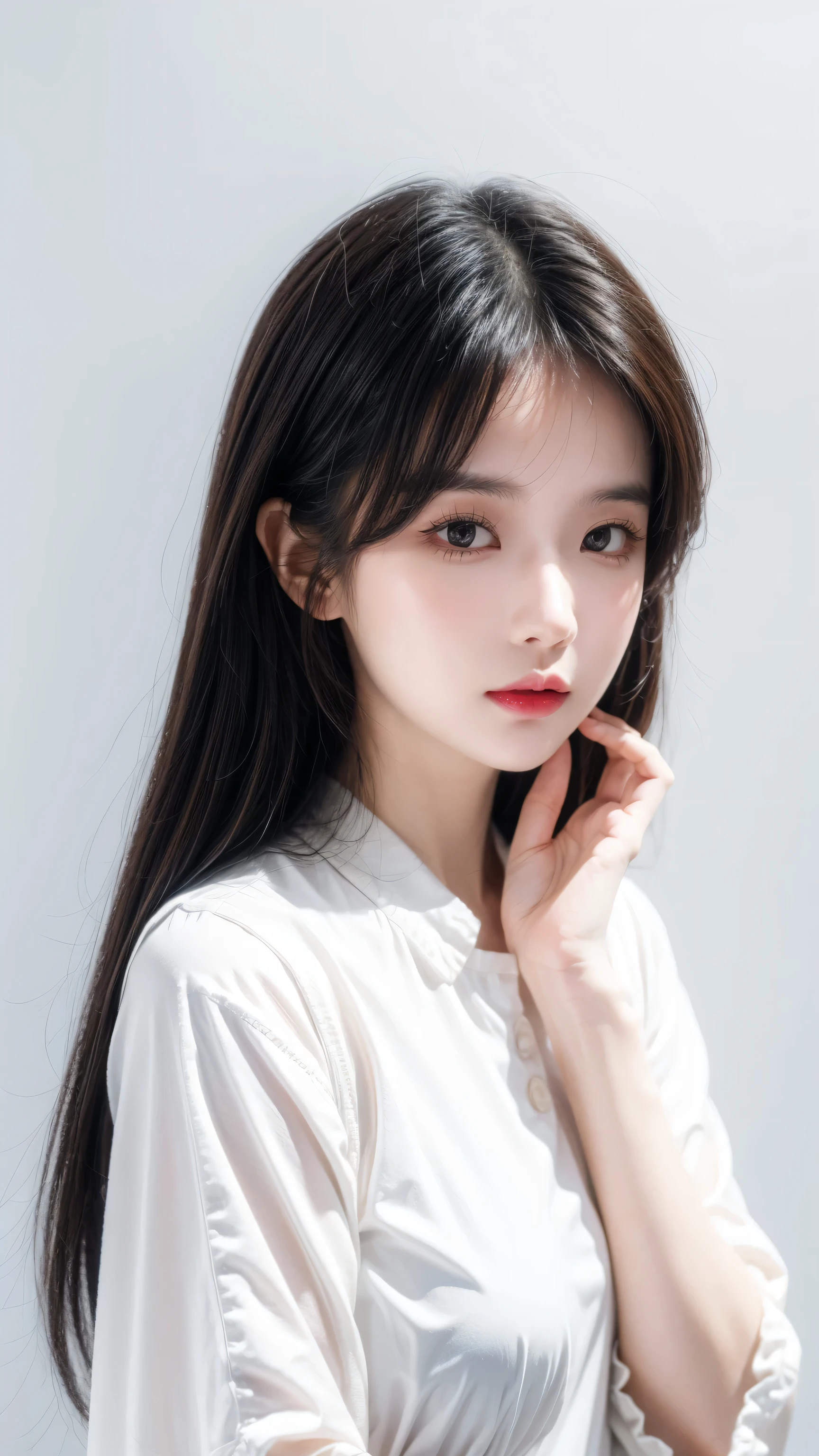 Japanese cartoons,(Face),(Beautiful and delicate eyes), Black Hair,Sliver Eye, masterpiece,Looking at the audience, the best_quality,White background,masterpiece,White shirt, Put your hands behind your back,
