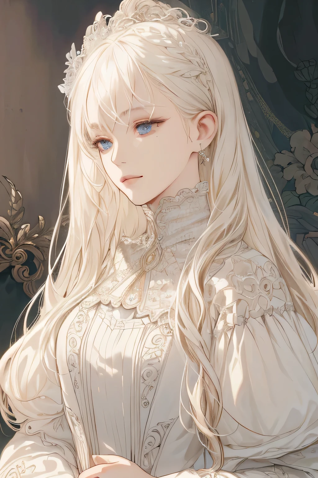 (extreamly delicate and beautiful:1.2), 8K,(masterpiece:1.0),(best_quality:1.0), 1 girl, and intricate detailing, Enlarged textures, and intricate detailing, finely eye and detailed face, and intricate detailing, shiraga, platinum blonde curls long hair, (closed mouths), Perfect eyes, Equal eyes, carolina eyes (A famale god) with white dress Yunani romawi