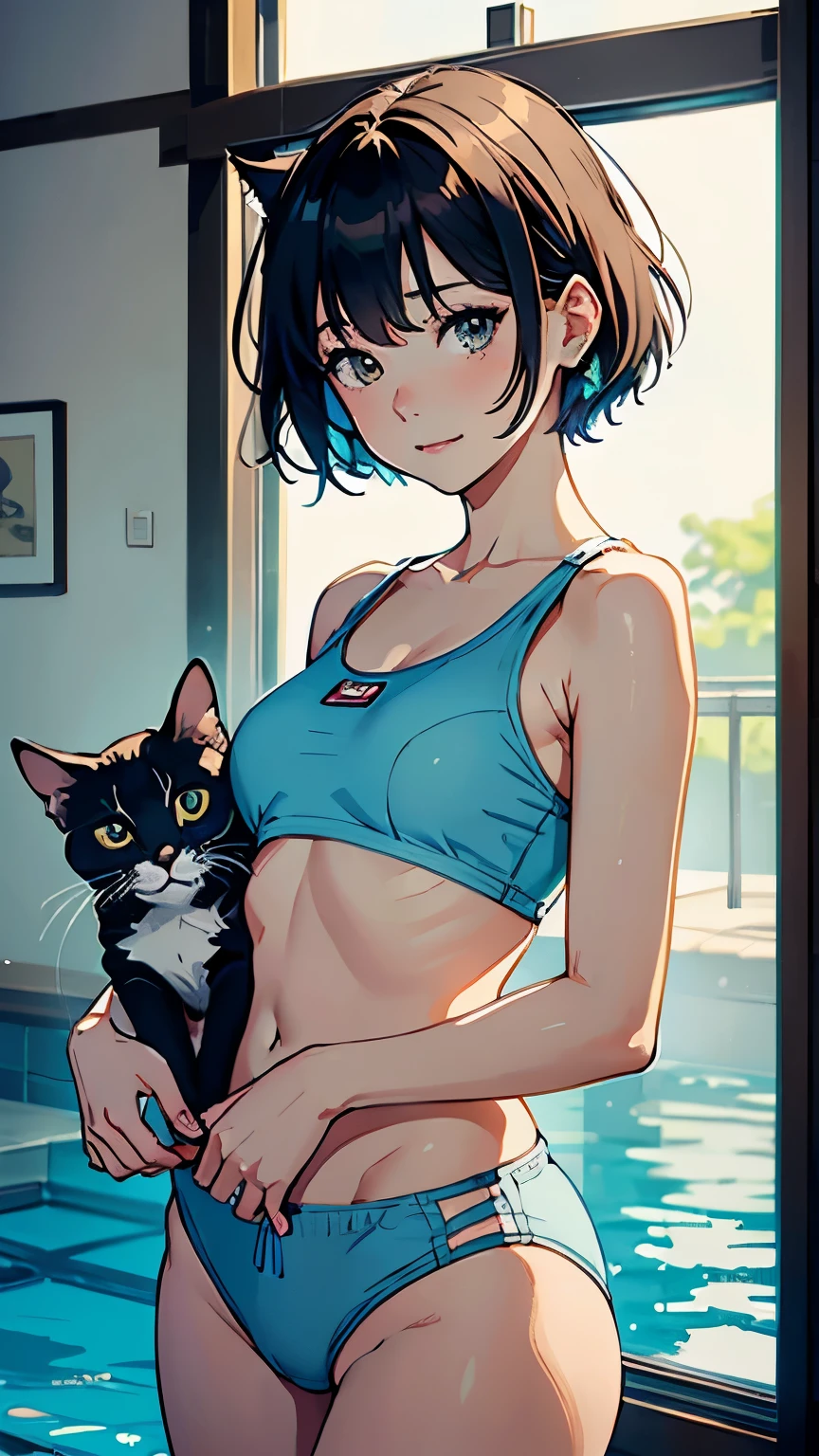 (highest quality, masterpiece, High resolution)、4K Anime Art、(1 beautiful Japan woman、20-year-old)、(cowboy_shot、Natural standing posture、)、 (Detailed depiction of a beautiful face)、Happy smile、Small breasts、(Cat ear)、Medium Short Hair、Bobcut、(small tops、swimshorts、Colorful Swimsuits)、(Blank background)、((White Background))、