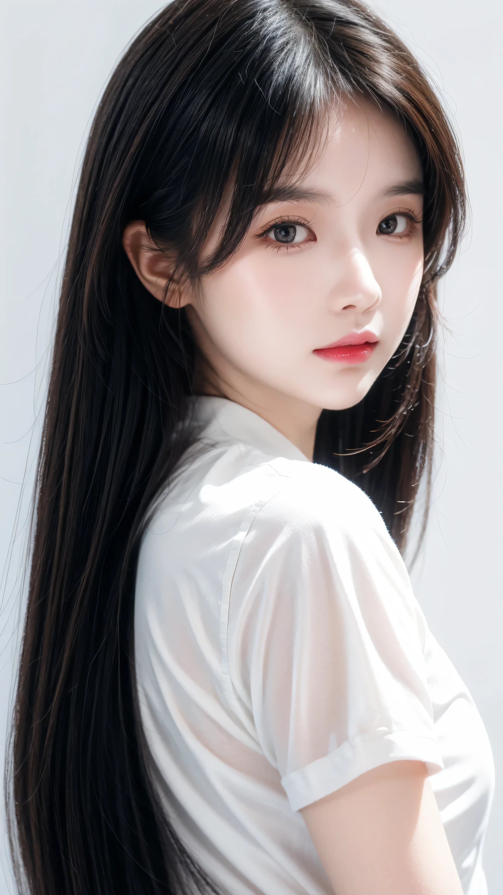 Japanese cartoons,(Face),(Beautiful and delicate eyes), Black Hair,Sliver Eye, masterpiece,Looking at the audience, the best_quality,White background,masterpiece,White shirt, Put your hands behind your back,