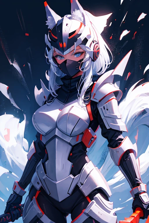 Fox woman in armor and helmet with technological black full face smooth mask with an energy katana, pelo morado 