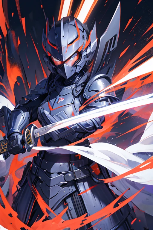Fox woman in armor and helmet with technological black full face smooth mask with an energy katana, pelo morado