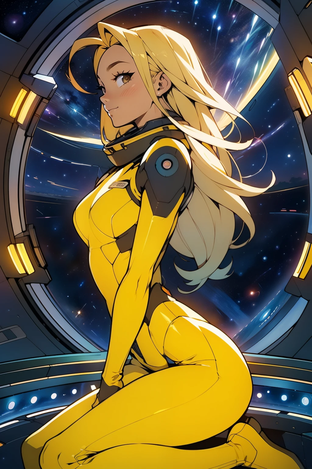 (masterpiece, best quality:1.2), (cowboy shot:1.1), solo, 1girl, mori yuki, slight smile, closed mouth, side view, looking at viewer, blonde hair, long hair, thigh gap, yellow bodysuit, skin-tight, perfect body, large window, (starship porthole:1.3), (spread legs:1.3), (standing:1.1), thigh gap, sensual pose, sideview, perfect hands, bright starship interior, (outer space view:1.1), (orbital view:1.3), (night, stary sky:1.5), milky way