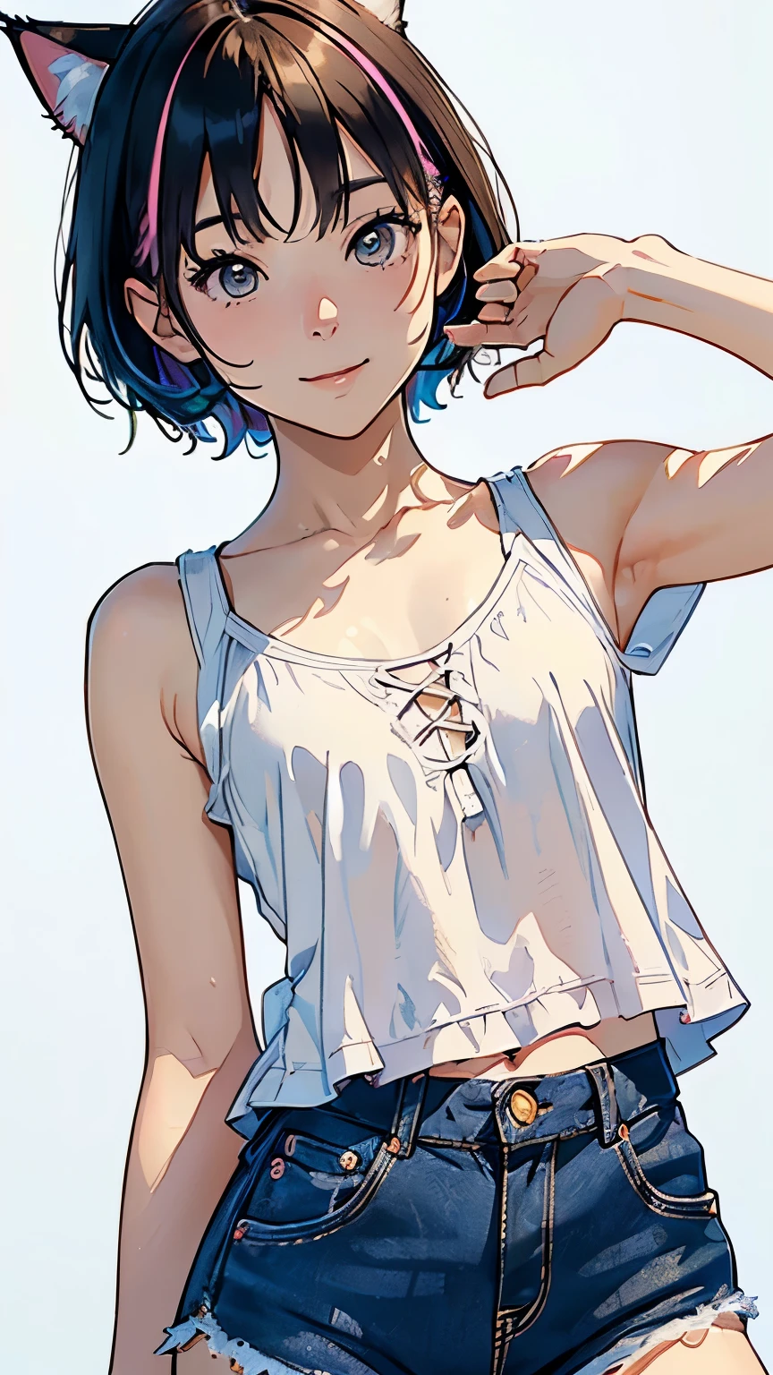 (highest quality, masterpiece, High resolution)、4K Anime Art、(1 beautiful Japan woman、20-year-old)、(cowboy_shot、Natural standing posture、)、 (Detailed depiction of a beautiful face)、Happy smile、Small breasts、(Cat ear)、Medium Short Hair、Bobcut、(small tops、swimshorts、Colorful Swimsuits)、(Blank background)、((White Background))、