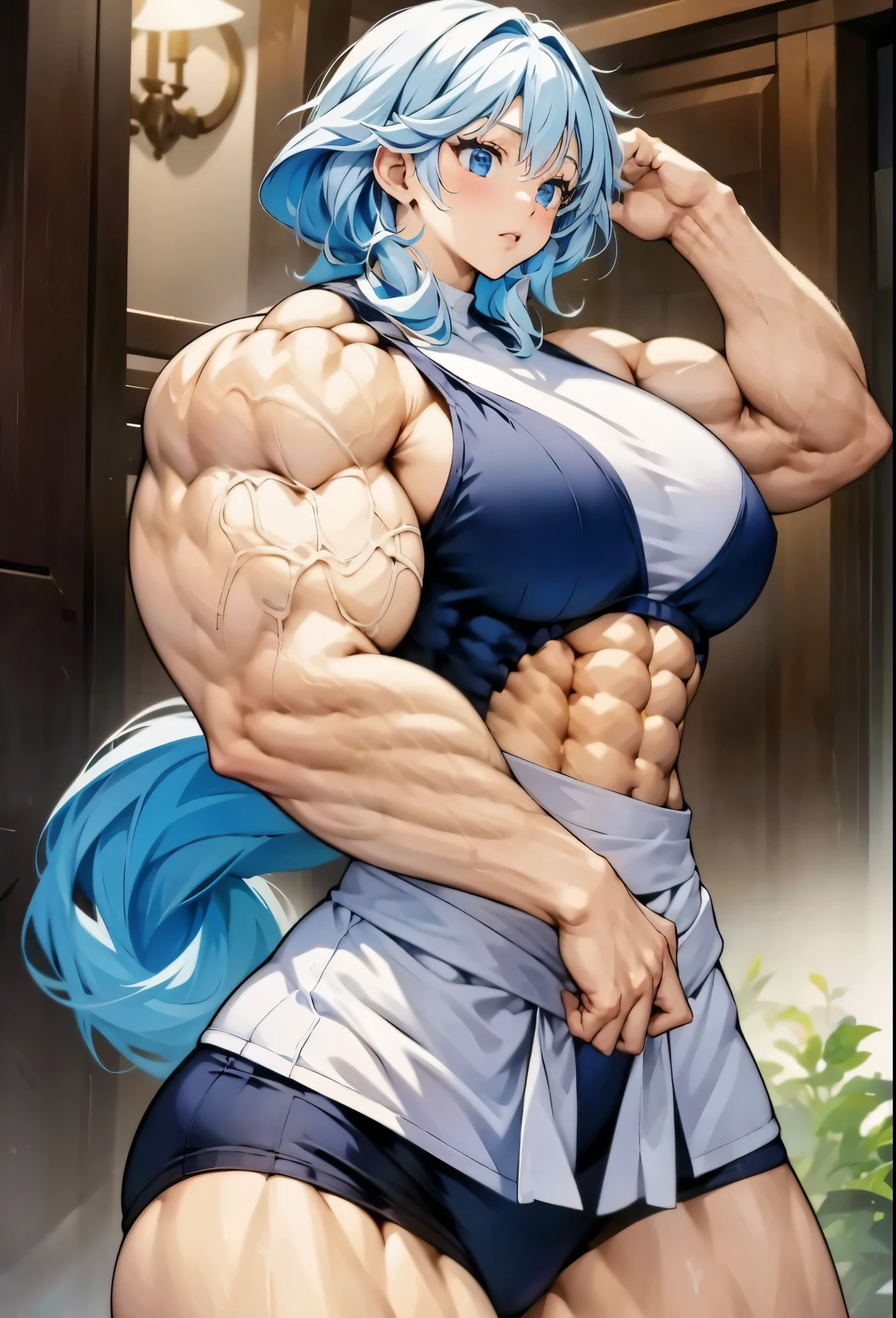 girl, furina, muscular female, alternate muscle size,,muscular ,biceps,muscular,muscular ,abs,pecs,,hyper muscle,thick arm,shy
