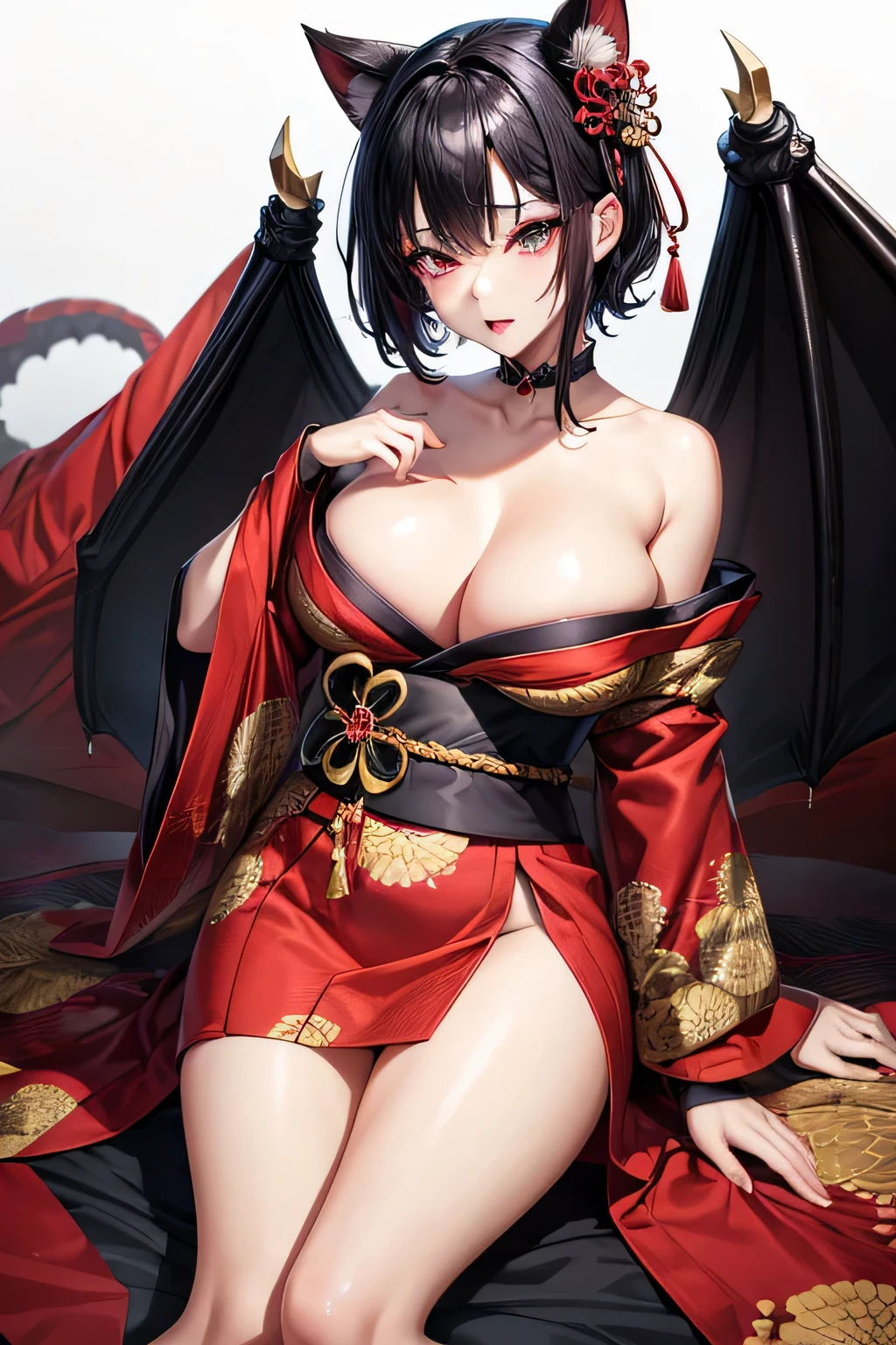 (masterpiece), best quality, expressive eyes, perfect face Beautiful Japanese woman cartoon, sexy anime cartoon, beautiful Japanese Kimono, big breasts, too hot, fucking, very sexy, There is a dragon embroidered on the kimono. Black and red color kimono, Japanese women's short hair, Black hair color, single eyelid, hooded and sultry eye style and deep and charming and enigmatic set, ahegao facial expression, beautiful picture situation.