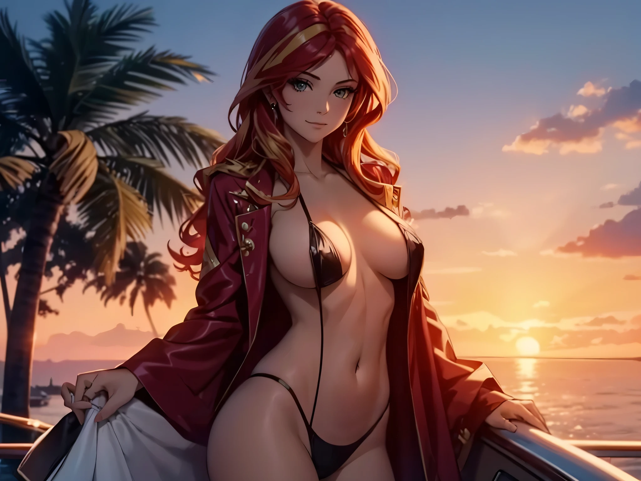 Sunset shimmer on a yacht, wearing an open robe, sexy pose