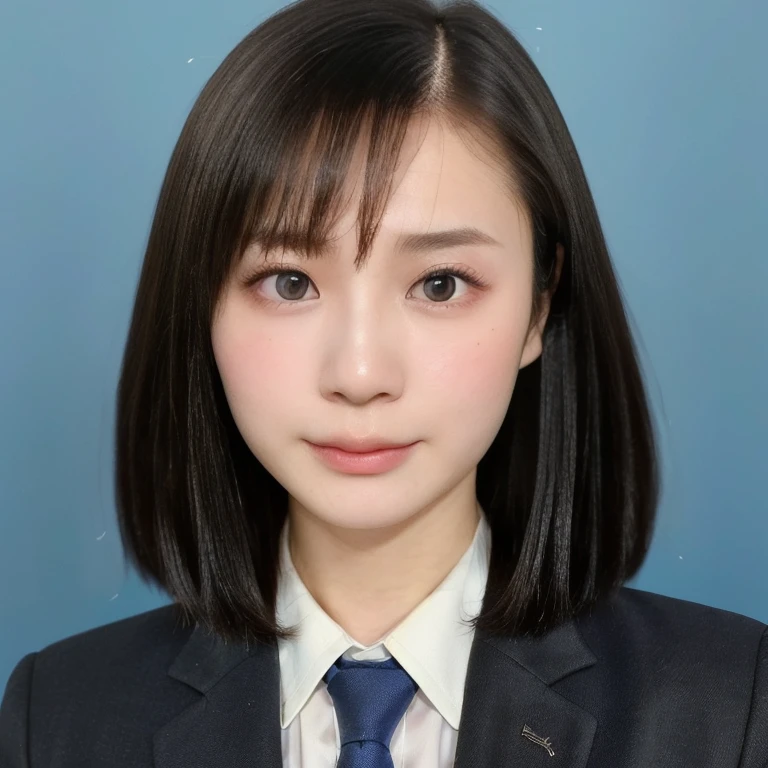 (kawaii 24 year-old Japanese girl, Nogizaka idol, Korean idol), (glossy black hair, very short hair, pixie cut, hair length must be even and symmetric:1.3), (pure black eyes, rounded face, single eyelid, no makeup, serious expression:1.2), (wearing suit jacket, collared shirt, necktie:1.3), (extra small breasts:0.9), (looking at viewer:1.2), BREAK, (simple blue background, yearbook background:1.3), (portrait, id photo, bust shot, view from vertically straight forward:1.3), (enough upper margin:1.2), BREAK, (masterpiece, best quality, photo realistic, official art:1.4), (UHD, 8K quality wallpaper, high resolution, raw photo, golden ratio:1.3), (shiny skin), professional lighting, physically based rendering, award winning, (highly detailed skin, extremely detailed face and eyes), Carl Zeiss 85 mm F/1.4, depth of field, 1girl, solo,