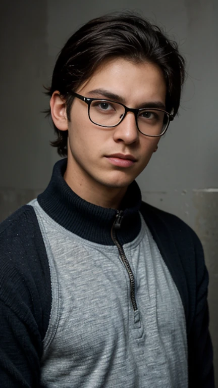 22 year old boy, rostro delgado, sin barba, ojos azul, cuerpo completo , hiperrealista, con lentes, chaqueta con capucha, serious look, collar en el cuello, cabello estilo punk, cabello .