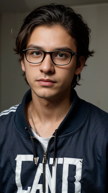 22 year old boy, rostro delgado, sin barba, ojos azul, cuerpo completo , hiperrealista, con lentes, chaqueta con capucha, serious look, collar en el cuello, cabello estilo punk, cabello negro.