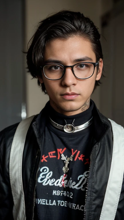 25 year old boy, rostro delgado, sin barba, ojos color azul, cuerpo completo , hiperrealista, con lentes, chaqueta con capucha, serious look, collar en el cuello, cabello de un punk, cabello negro, piel blanca, rostro similar al de Amy lee