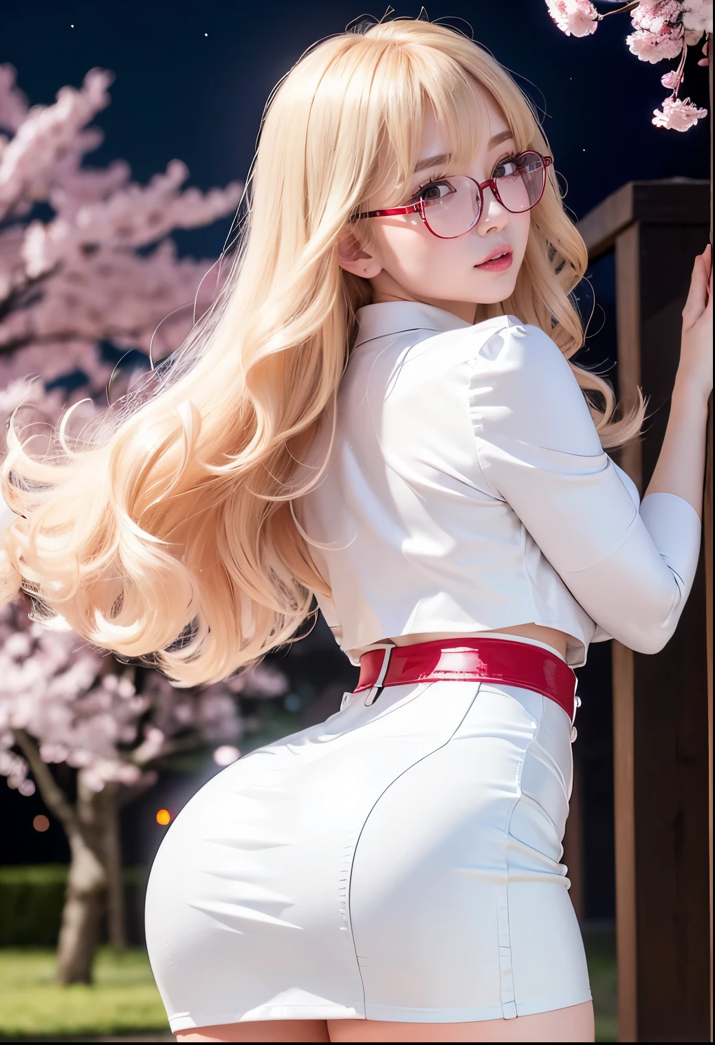 Taiwanese idol girl　Mature Woman　Blonde wavy hair with bangs　(Bright red rouge lips)　Chubby　Plump　Big Butt　Wet ass　((Rimless glasses))　　Big eyes　SakuraFubuki　((White blouse))　((Shiny enamel tight skirt))　((Knee-high boots)) garter belt　8K　Photorealistic　((Cherry blossoms in full bloom at night))　(A large amount of falling cherry blossom petals)　((Armpit))　((Sit with your back to the camera))　((Back view))　((Turn around and make eye contact))　((stick out your butt))