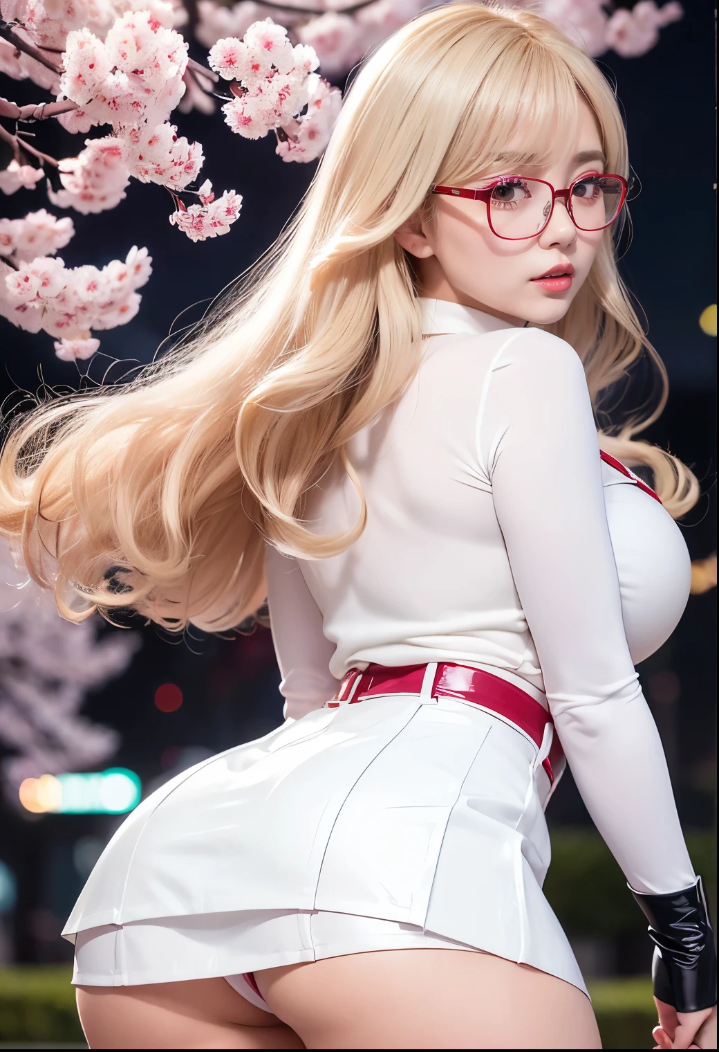 Taiwanese idol girl　 Woman　Blonde wavy hair with bangs　(Bright red rouge lips)　Chubby　Plump　Big Butt　Wss　((Riml glasses))　　Big eyes　SakuraFubuki　((White blouse))　((Shiny enamel tight skirt))　((Knee-high boots)) garter belt　8K　Photorealistic　((Cherry blossoms in full bloom at night))　(A large amount of falling cherry blossom petals)　((Armpit))　((Sit with your back to the camera))　((Back view))　((Turn around and make eye contact))　((stick out your butt))