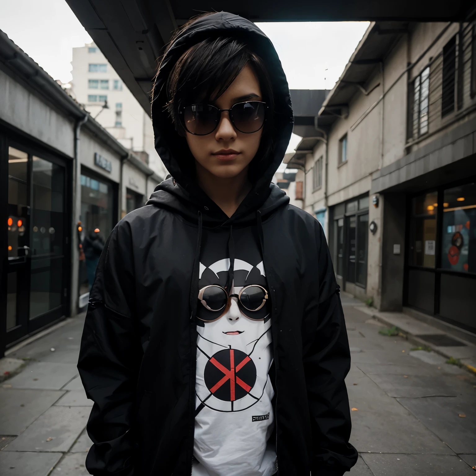 Create a modern style cartoon anime character wearing hackers hoodi and black sun glasses