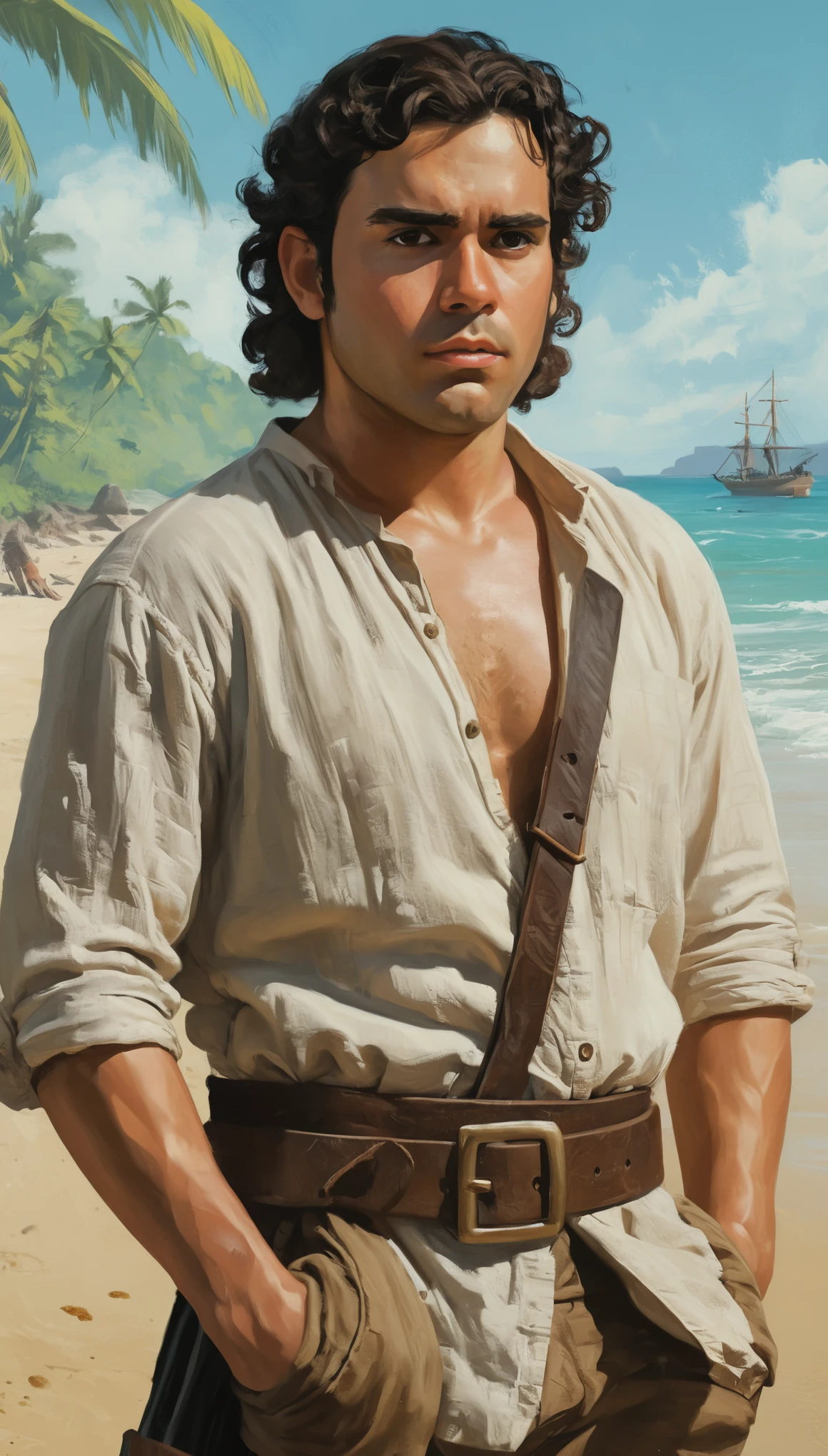 An illustrated movie poster of a pirate, 28 years-old, wearing a linen shirt, stocky, soft doughy physique, deep brown eyes, wide bulbous nose, full lips, black hair, curly swept-back hair, thick bushy eyebrows, extremely hairy chest, stomach, and arms, lots of body hair, posing on a tropical beach, hand-drawn, full color, multi-color, shadows, graphite shading, stencil marks, airbrushed acrylic paint, masterpiece, in the style of Breath of the Wild 
