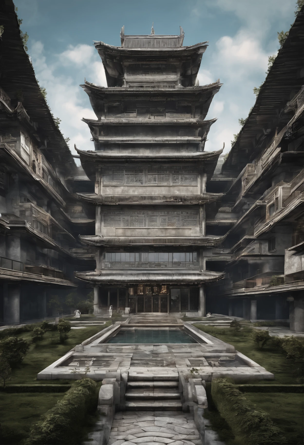 In the center of China、Majestic Mountain々The magnificent modern building stands proudly against the backdrop of。This masterpiece is captured in breathtaking detail.、It represents the grandeur of the film.。The highest quality and ultra-high resolution 16K UHD、Define all the complex lines and raw photorealistic textures、Photorealistic 1.Shows 4 reality expressions。Sharp rendering、Bring the building's soaring heights and intricate architectural details to life。Captured by Lee Jeffries' expert lens, this high definition image is、The beauty of the building is reflected in its raw form.、A perfect combination of modern architecture and the raw power of nature.。