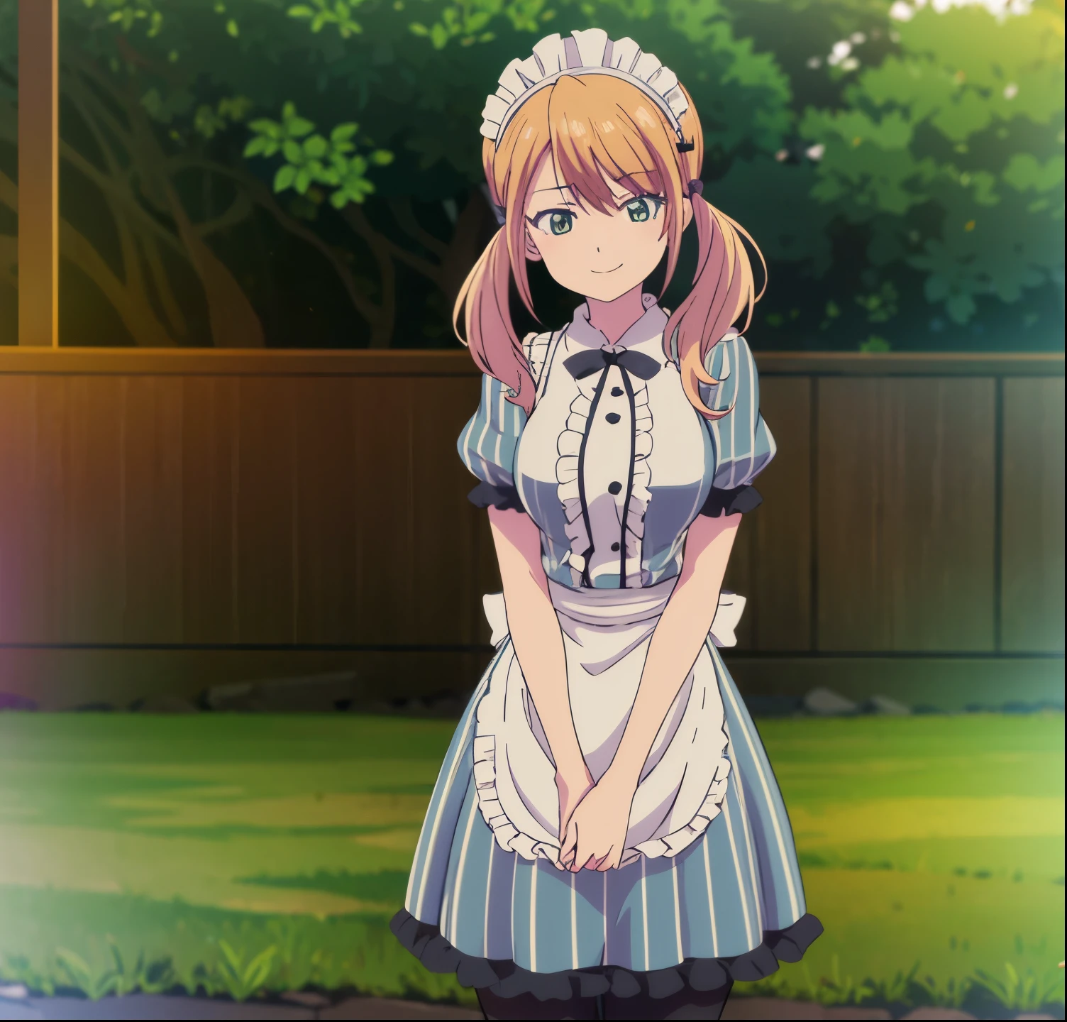 1girl, alone, tsukishima riho,masterpiece, best quality, highres, 1girl, solo, blonde hair, low twintails, maid headdress, hair bow, green eyes, neck ribbon, frills, vertical stripes, blue dress, short sleeves, apron, black pantyhose, standing, cowboy shot, outdoors, smile, perfect hands, perfect anatomy ,big breasts, medium waist, wide hips, medium thighs, sexy posture, seduction, smiling