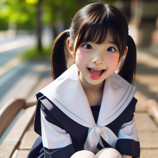 Japanese,,Twin tails,look up,Please open your mouth wide,Sticking out tongue,Showing tongue,cute,Summer sailor uniform,Sitting,Knee-high socks