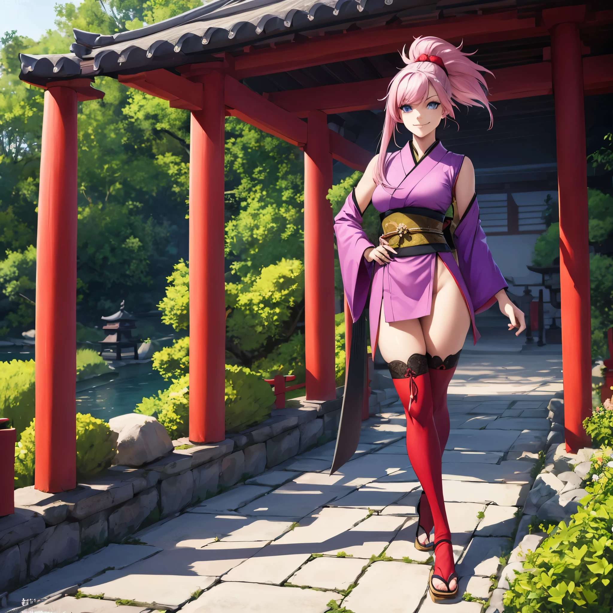 a woman wearing a purple sleeveless kimono, long pink hair, ponytail hair, blue eyes, long red stockings, holding a katana without a sheath, walking on a stone walkway in a Japanese garden with red Japanese arches, smiling, .HDR, ultra resolution, well defined, masterpiece, full body, 8K HD. (woman alone)
