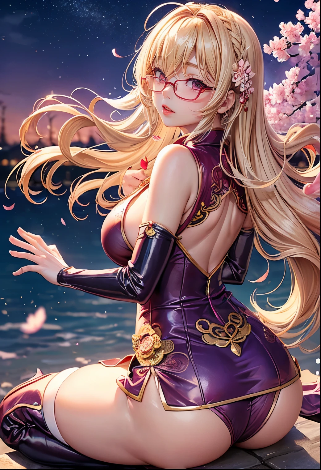 Taiwanese idol girl Mature Woman Blonde wavy hair with bangs (Bright red rouge lips) Super big boobs Chubby Plump Super big butt Wet ass ((Rimless glasses)) Big eyes SakuraFubuki ((Gorgeous super shiny purple long cheongsam)) ((Knee-high boots)) garter belt 8K Photorealistic ((Cherry blossoms in full bloom at night)) (A large amount of falling cherry blossom petals) ((Armpit)) ((Sit with your back to the camera)) ((Back view)) ((Turn around and make eye contact)) ((Sit with your buttocks sticking out))