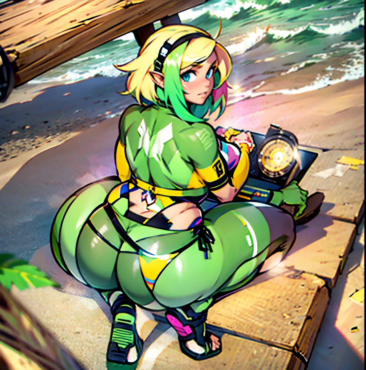 GOBLIN WOMAN GREEN skin,BLOND WOMAN HALF SHAVED HAIRCUT AT THE BEACH AT MAYAMI , WITH BIG AND BIG ASS , SITTING ON SAND , WEARING A BIKINI AND HOT PANTS