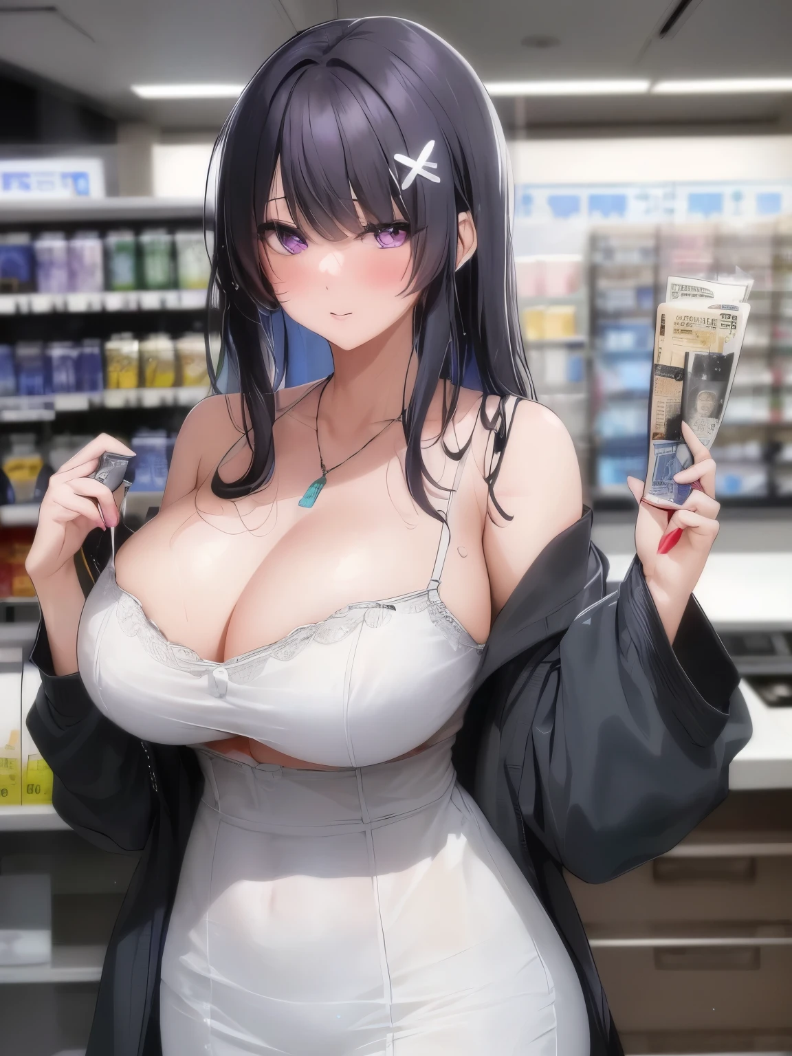 Girl with short black hair, bangs, Blue inner hair:1.25) , Purple eyes, avert your eyes, Blushing, Embarrassing, indoor, market, cash register, Oversized off-the-shoulder T-shirt, wet, Center of chest, Nighttime atmosphere, (((Big tits cleavage))), Upper Body, concentrated, Blurred Background, convenience store customer, A girl places condoms and lotions on the cash register to pay、Flashy makeup, (garu fashion:1.2)