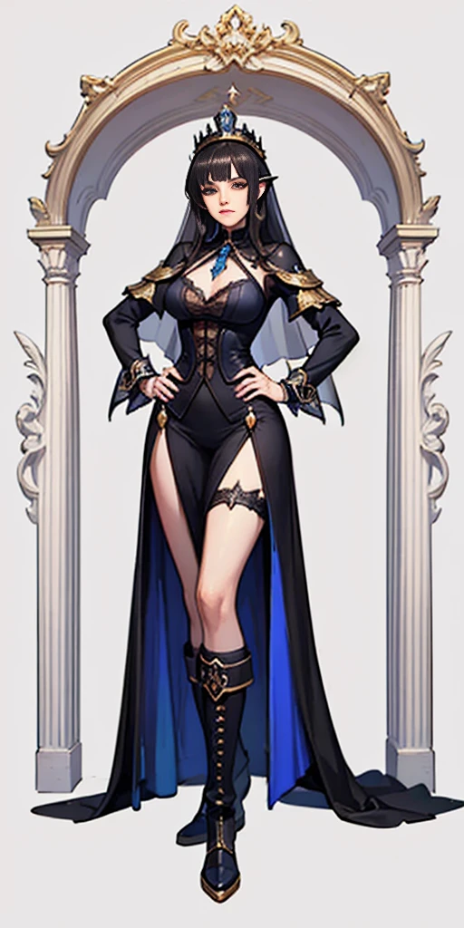 full body of a woman in a dress with a veil, feet together, standing feet together, military boots, beautiful fantasy maiden slave warrior, beautiful fantasy art portrait, fantasy Victorian art, medieval fantasy art, beautiful and elegant queen Roxxane, portrait of queen of light, fantasy portrait art, gothic fantasy art, a beautiful fantasy empress, ((white background)) hands on hips