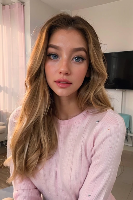 A stunning young woman with golden long blonde curled hair porcelain skin and mesmerizing blue eyes, her long lashes fluttering as she gazes confidently into the camera, full body shot, She wears a tight fitting soft pink sweater, complete with pink lipstick and eyeshadow, exuding beauty and confidence,tight pink panties,