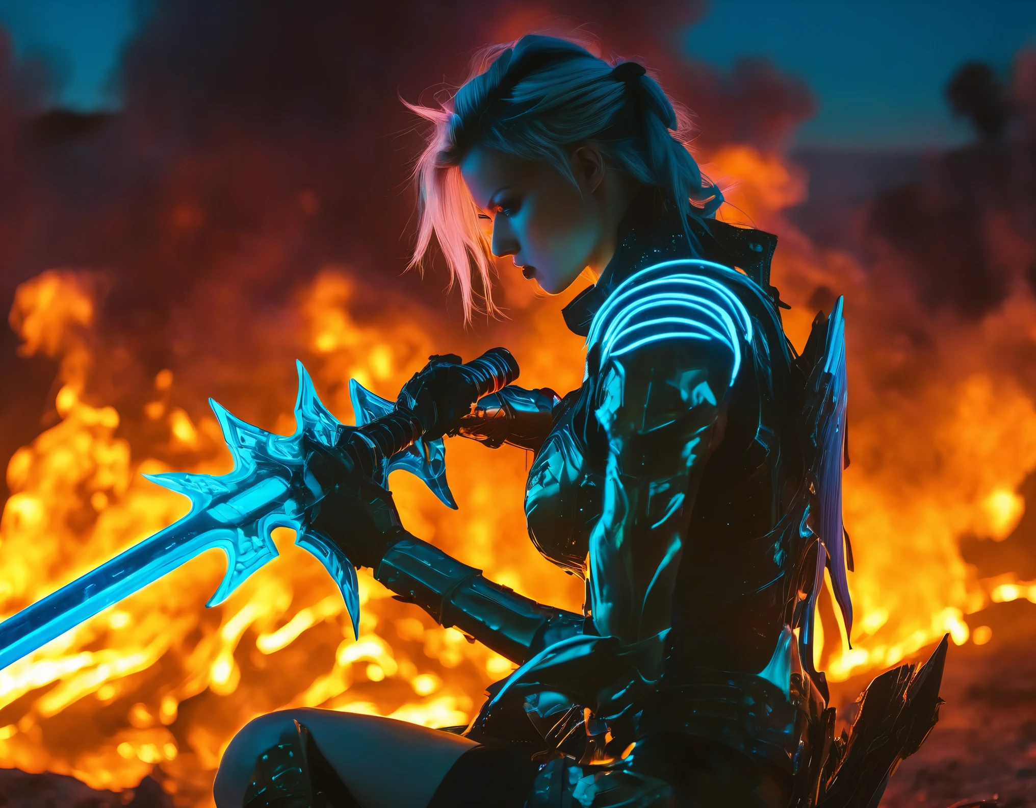 Cyberpunk helllady warrior in neon mecha armor,side view,female swordsman Holding a sword ,solo,Luminescence's light eyes,Devil's Wings,Wide-angle lens,biology,weird,Creepy,nightmarish,Very bright neon colors,Light Particles,Luminescence,Best Photo of the Year Winner,the coastline on fire,Post-apocalyptic hellscape,Military photography,Epic Photo of the Yeare on the horizon,Epic movie shots,Pure form,Intricate details,8k,Post-production,high resolution,Super Detail,Running on the blue coastline:2,blue coastline:2