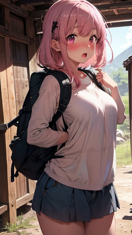 mastute piece,Best Quality,insanely detailed,8k cg,
shoot upper body,
1woman,18age,standing,body in front,looking at viewer,(trekking-wear,rucksack),break,
blush,shy,(trembling:1.2),pink hair,break,open mouth,large breast,camp-site,
