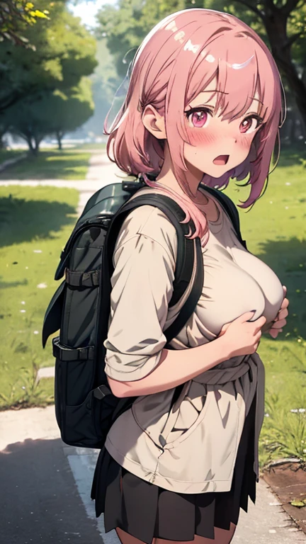 mastute piece,Best Quality,insanely detailed,8k cg,
shoot upper body,
1woman,18age,standing,body in front,looking at viewer,(trekking-wear,rucksack),break,
blush,shy,(trembling:1.2),pink hair,break,open mouth,large breast,camp-site,